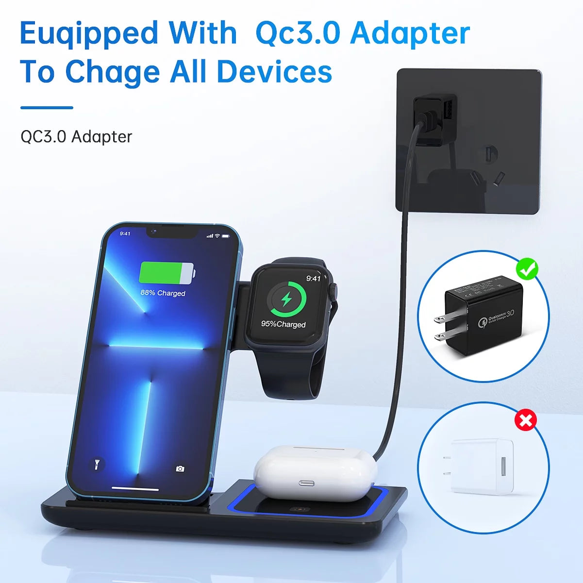 3 in 1 18w Wireless Charger for iPhone, Apple Watch and AirPods