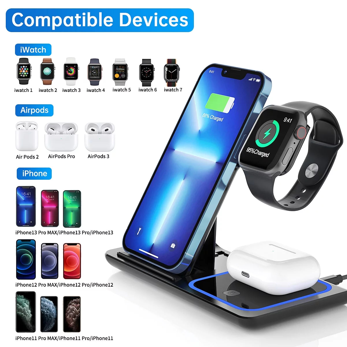 3 in 1 18w Wireless Charger for iPhone, Apple Watch and AirPods