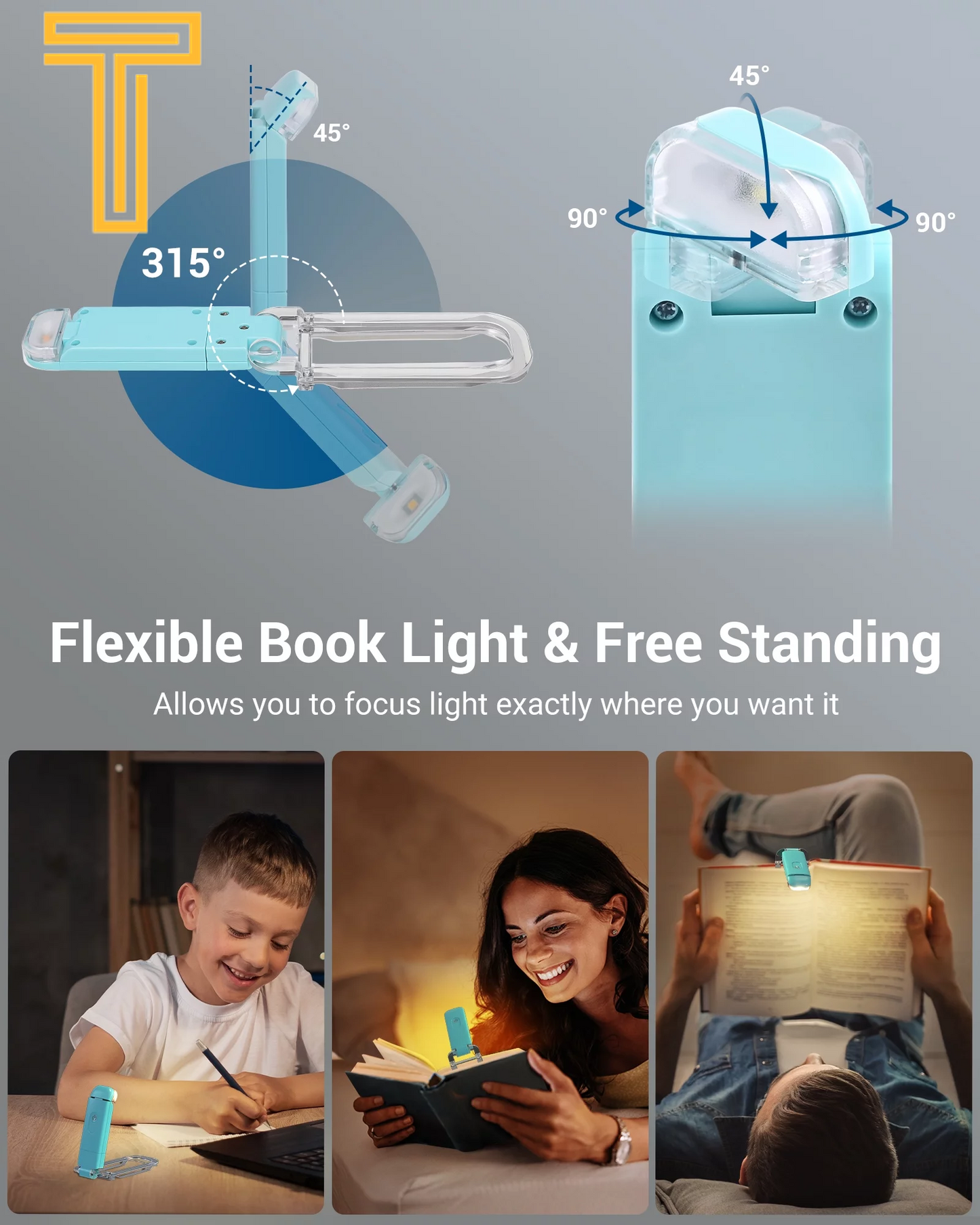 Amber Book Light, Rechargeable Book Light for Reading in Bed, Clip on Book Light, USB Charging, Brightness Adjustable, Warm White