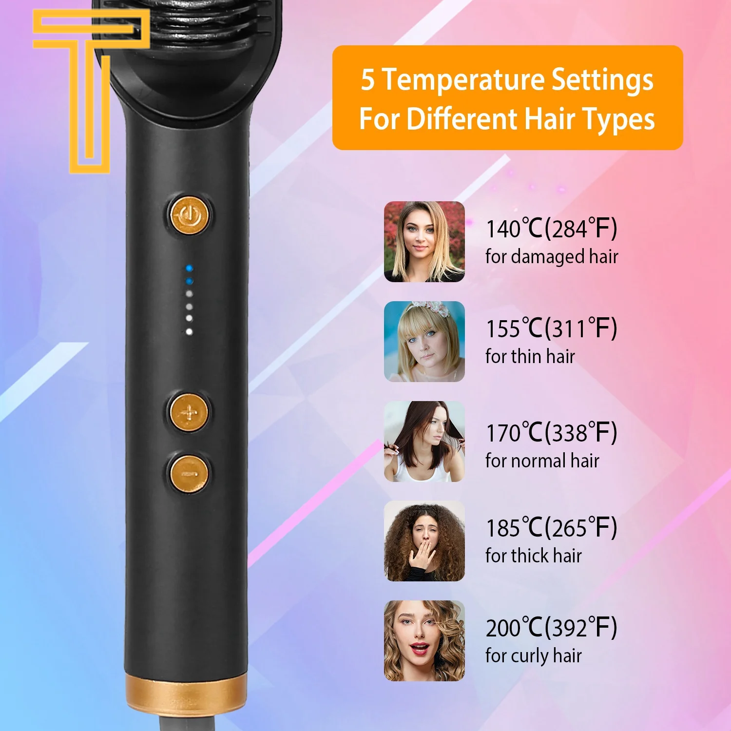 Electric Hair Straightener & Curler Brush – 5 Temp Settings, 10s Fast Heat