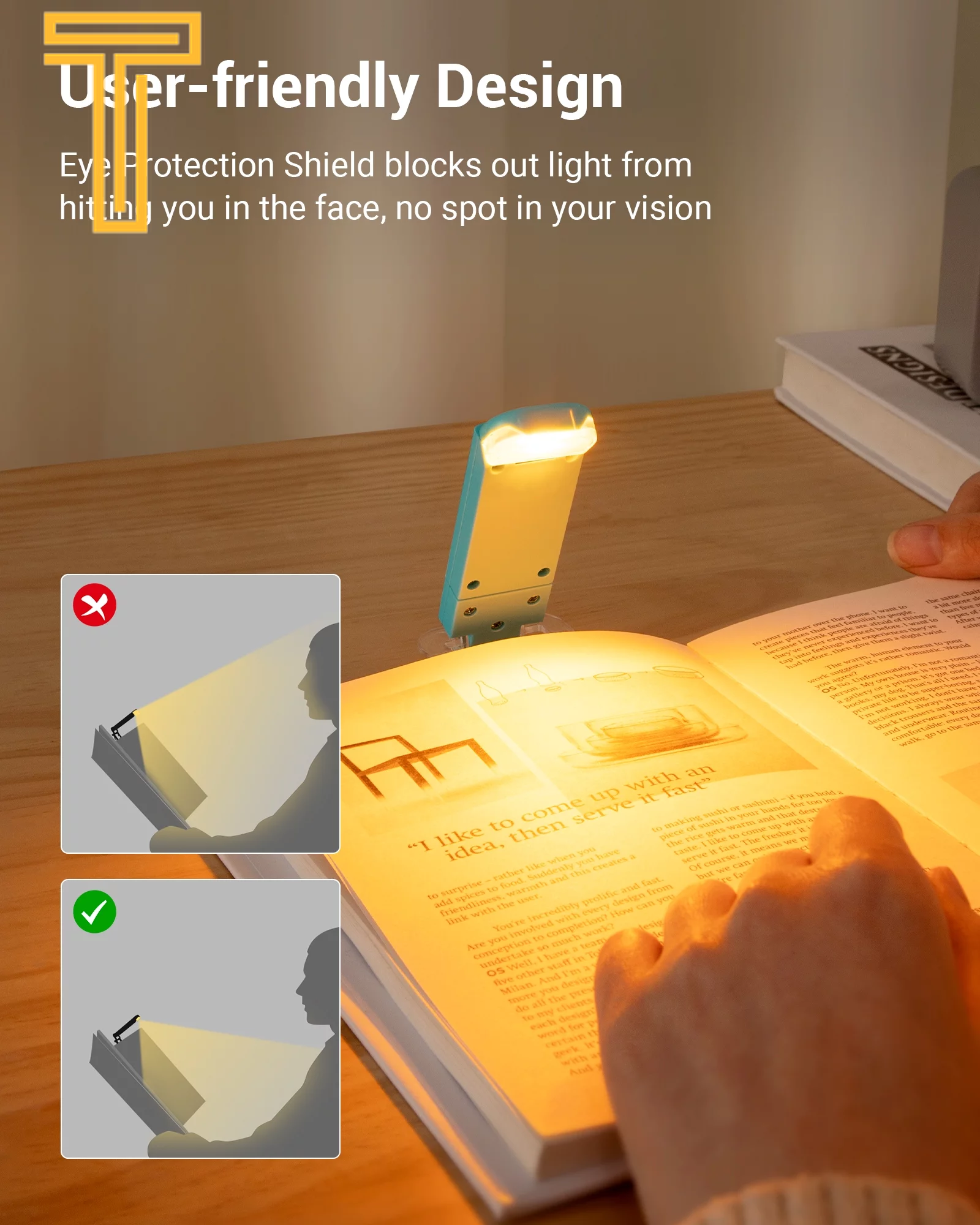 Amber Book Light, Rechargeable Book Light for Reading in Bed, Clip on Book Light, USB Charging, Brightness Adjustable, Warm White